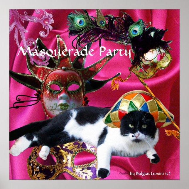 PÓSTER GATO CON SOMBRERO DE ARLEQUÍN Y MÁSCARAS DE FIESTA (Frente)