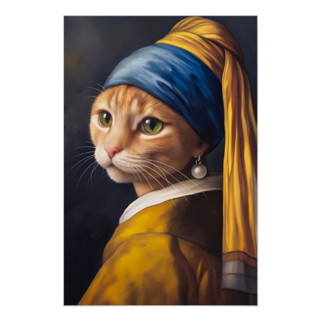 Póster Gato con una Perla | Divertida parodia de Vermeer (Anverso)