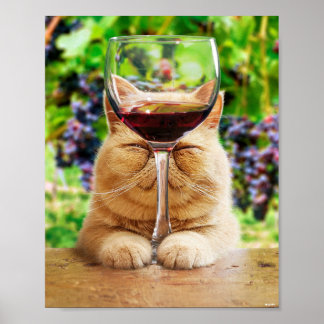 Póster Gato con vidrio de vino