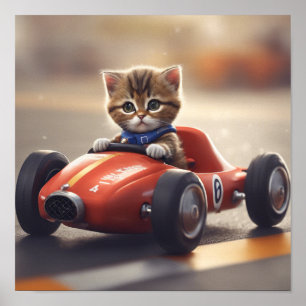 Póster Gato conduciendo un coche de carreras