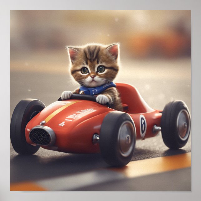 Póster Gato conduciendo un coche de carreras (Frente)
