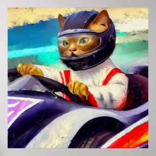 Póster Gato conduciendo un racecar