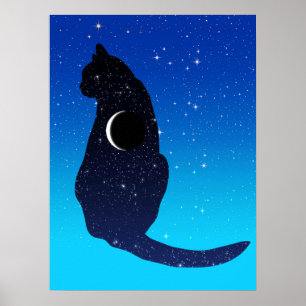 Póster Gato Cósmico en Patrón de Estrellas y Luna Crecien