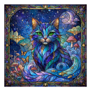 Póster Gato Cósmico Vidrio Emplomado Surrealista Ojos Ver