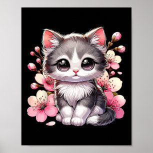 Póster Gato Cubierto Con Gato De Flor De Cerezo