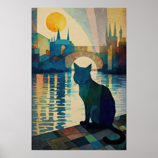 Póster Gato cubista observando el atardecer sobre las agu (Frente)