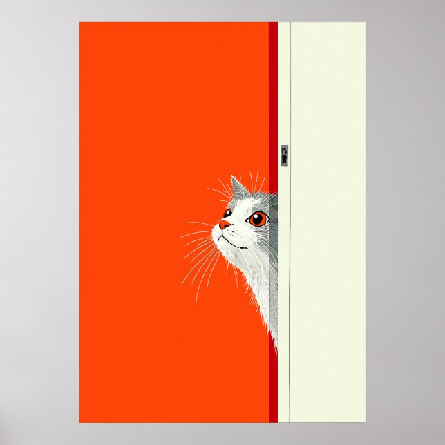Póster Gato curioso asomando por la puerta (Frente)