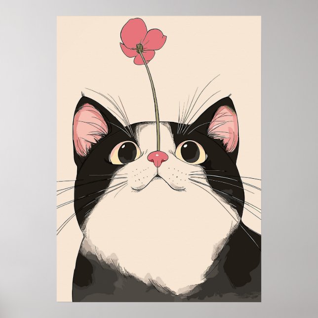 Póster Gato Curioso con una Flor (Frente)