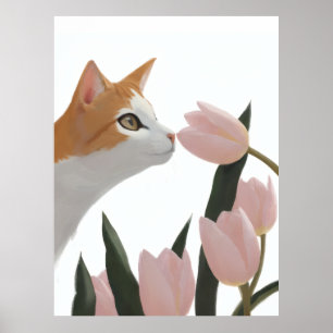 Póster Gato Curioso Floral de Primavera