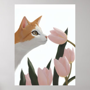 Póster Gato Curioso Floral de Primavera