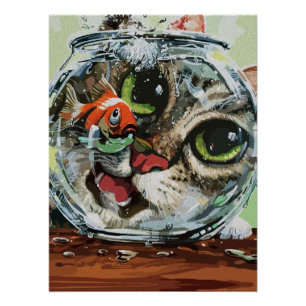 Póster Gato Curioso y Pez Dorado Cauteloso
