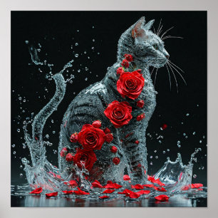 Póster 🌹 Gato de Agua Rodeado de Rosas Rojas Fantasía Ro
