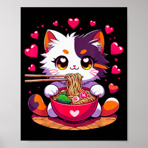 Póster Gato de anime comiendo fideos ramen con corazones 
