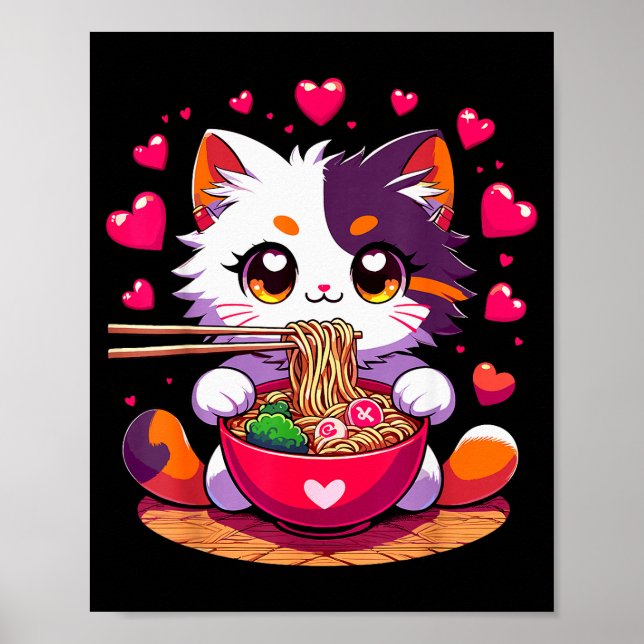 Póster Gato de anime comiendo fideos ramen con corazones  (Frente)