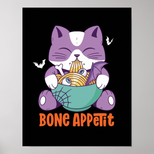 Póster Gato de anime lindo comiendo Ramen Bon Apetito Hal (Frente)