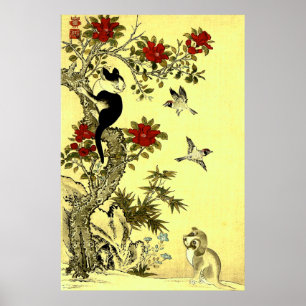 Póster Gato de aves y perro Jakuchu a principios del sigl