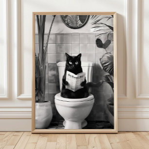 Póster Gato de baño leyendo en el inodoro negro y blanco