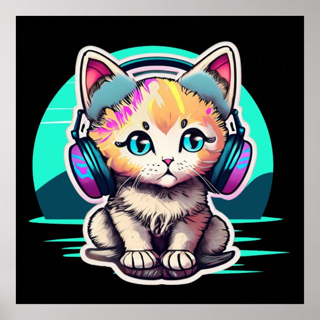Póster Gato de bebé con audífonos (Frente)