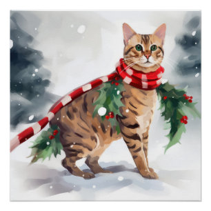 Póster Gato de Bengala en Navidades de nieve