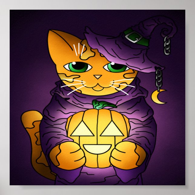 Póster Gato de bruja morado de Halloween (Frente)
