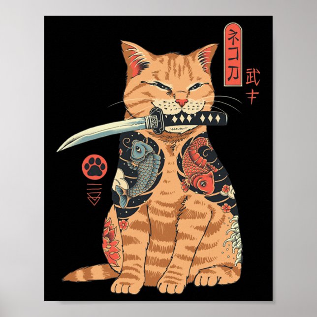 Póster Gato de Catana, un gato bonito de inspiración japo (Frente)