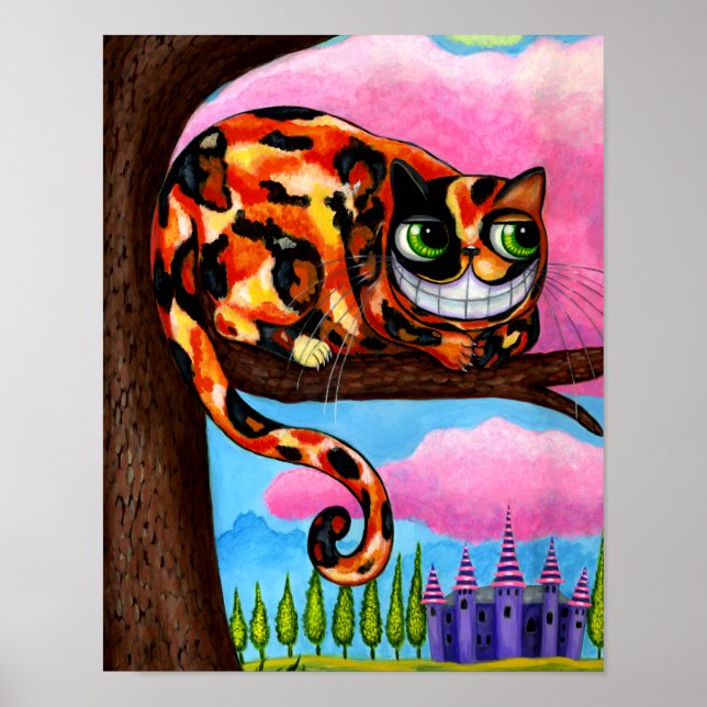 Póster Gato de Cheshire lindo en el árbol Grandes ojos ve (Frente)