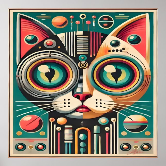 Póster Gato de circuito retro futurista de mediados de si (Frente)