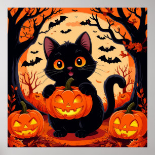 Póster Gato de Dibujos Animados y Calabazas Bajo Luna Lle