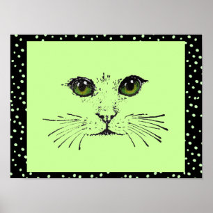 Póster Gato de dibujos negros cara ojos intensos puntos d