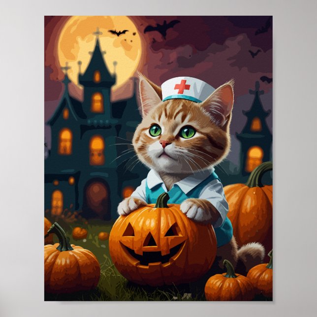 Póster Gato de enfermería con calabaza de Halloween (Frente)