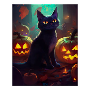 Póster Gato de Esmoquin de Halloween con Calabazas Espelu