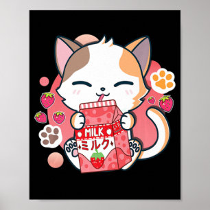 Póster Gato de fresa Kawaii Anime Neko Chicas de regalo T