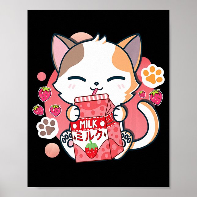Póster Gato de fresa Kawaii Anime Neko Chicas de regalo T (Frente)
