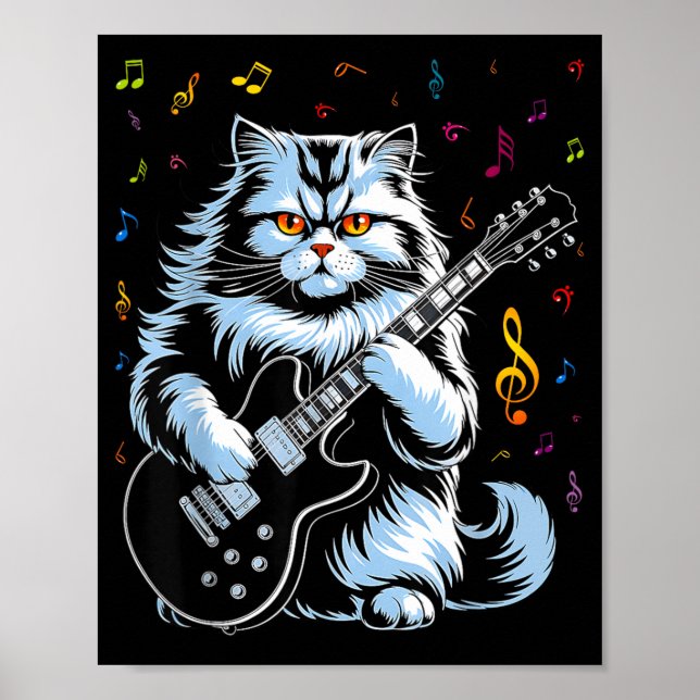 Póster Gato de guitarra divertido tocando rock (Frente)