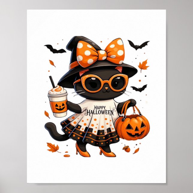 Póster Gato de Halloween Kawaii - Gato de bruja con calab (Frente)
