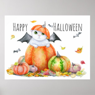 Póster Gato de Halloween lindo en calabaza