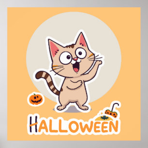Póster Gato de Halloween lindo y gracioso con calabazas