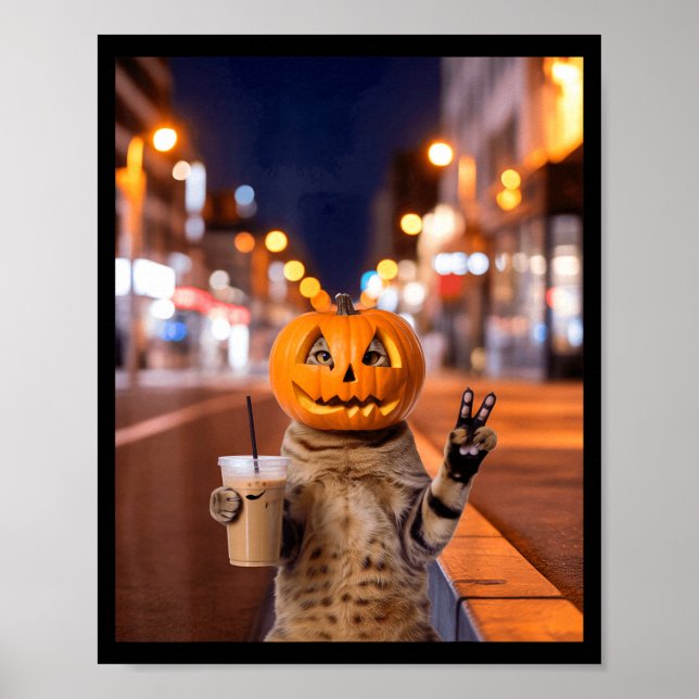 Póster Gato de Halloween permanece feroz bebiendo café co (Frente)