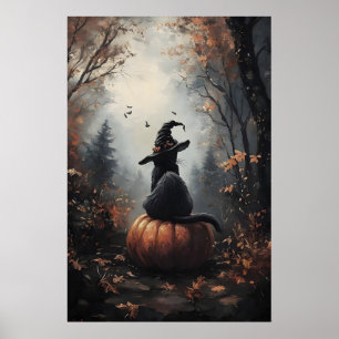 Póster Gato de Halloween, Sombrero de Bruja, Calabaza, Gó