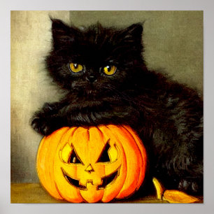 Póster Gato de Halloween vintage y linterna de Jack-o
