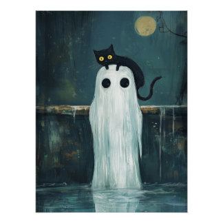 Póster Gato de Halloween y fantasma en el grupo