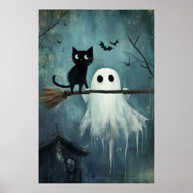 Póster Gato de Halloween y fantasma vuelan en la sala (Frente)