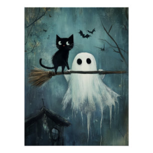 Póster Gato de Halloween y fantasma vuelan en la sala