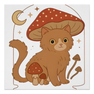 Póster Gato de hongo Cottagecore con sombrero � Estética