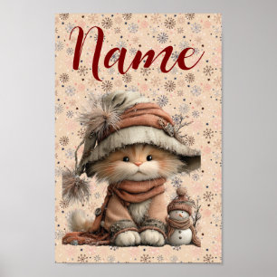 Póster Gato de invierno con copos de nieve y nombre