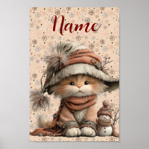 Póster Gato de invierno con copos de nieve y nombre