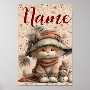Póster Gato de invierno con copos de nieve y nombre