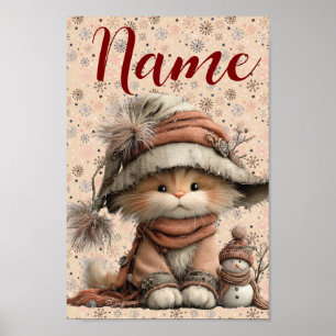 Póster Gato de invierno con copos de nieve y nombre