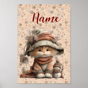 Póster Gato de invierno con copos de nieve y nombre