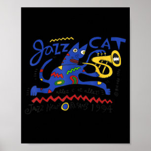 Póster Gato de Jazz Trompeta Ilustración Nueva Orleans